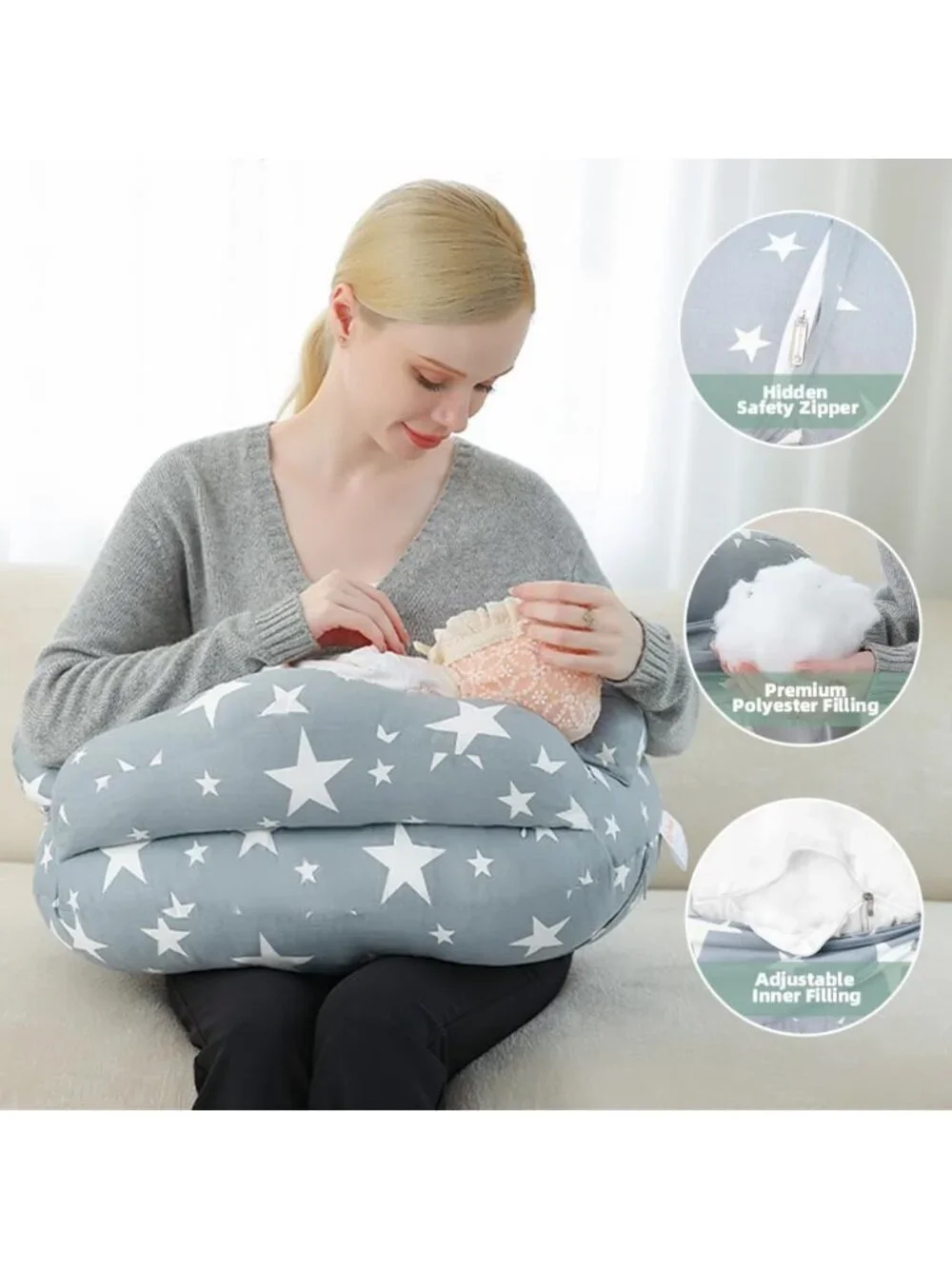 Adjustable Nursing Pillow for Breastfeeding & Bottle Feeding, Removable Cover